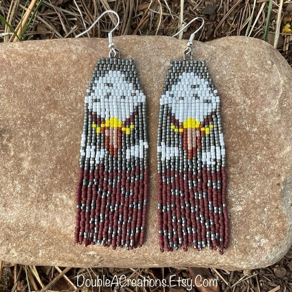 Eagle Beaded Earrings with Fringe, New, Handmade by Me - Picture 7 of 7